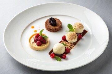 Elegant dessert plate with chocolate and berries
