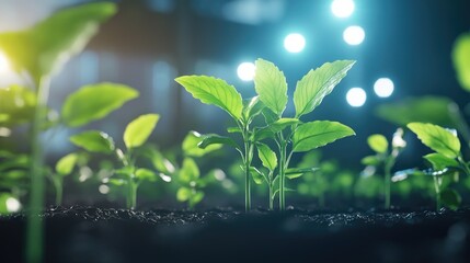 Young plants growing in dark soil under lights