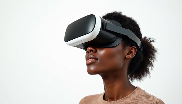 African American woman experiences virtual reality wearing modern headset. Focused expression suggests immersion in digital world. Clean white background isolates, technology, emphasizing innovation,