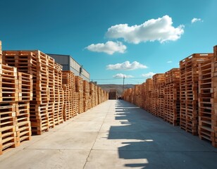 Fototapeta premium Vast outdoor storage area displays endless rows of stacked wooden pallets under clear blue sky. Industrial yard features large building in background. Pallets neatly piled high, awaiting shipment,