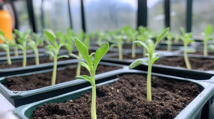 Young seedlings growing in containers