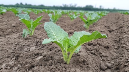 Young plants growing in rows in a field