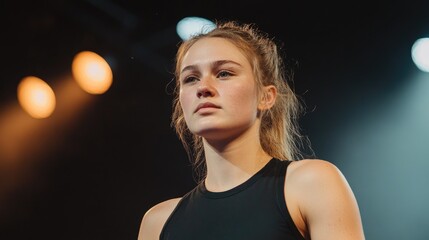 Young woman model focused indoor portrait