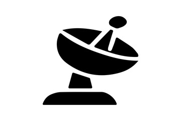 This image is a solid black silhouette of a satellite dish, presented on a white background. The dish itself is depicted as a large, concave oval shape, tilted upwards. 