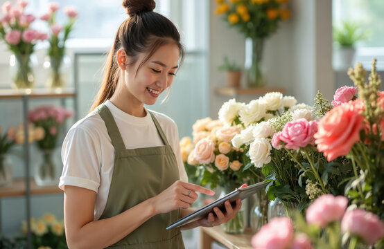 Young female florist with apron uses tablet in flower shop. Woman checks online orders, smiling at flowers. Small business owner works with digital device, managing sales. Floristry occupation, - Powered by Adobe