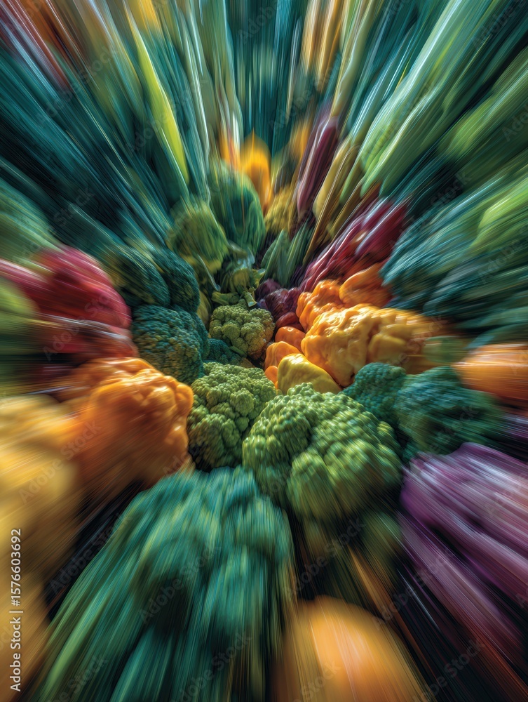 Poster dynamic motion of colorful vegetables with high-tech color grading and a clear center zone in a vibr
