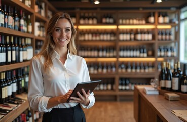 Smiling businesswoman manager holds digital tablet in liquor store. Successful woman in retail, wine sales. Employee with confidence works in wine shop, checking inventory on shelves.