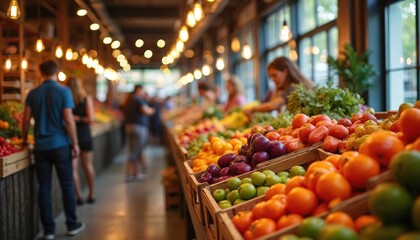 Noisy indoor farmers market scene shoppers selecting fresh, colorful produce from market stalls. Vibrant fruits, vegetables fill wooden crates, offering healthy, local food options in urban setting.