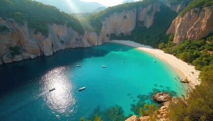 Fototapeta premium Secluded beach with clear turquoise water framed by dramatic cliffs, rich green vegetation. Several boats float on calm sea. Sandy shore invites relaxation under Mediterranean sun. Remote cove offers