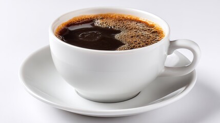 Fototapeta premium Classic Black Coffee Cup on a Pristine White Background, Evoking the Essence of Morning USA