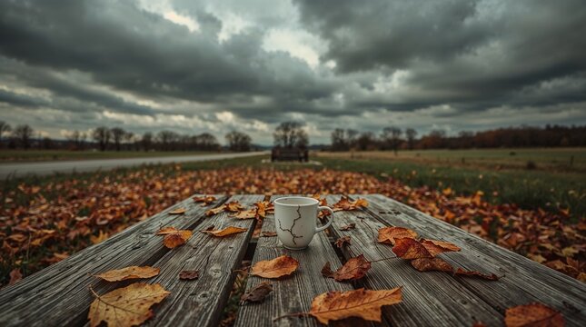 "A lonely coffee cup on a picnic table at a highway rest area, autumn leaves around, moody clouds above"
- Powered by Adobe