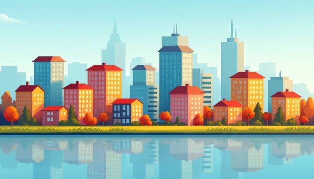 Stylized illustration of autumnal cityscape featuring diverse buildings, from high-rise skyscrapers to cozy residential houses. Vibrant orange, yellow, red leaves adorn trees lining riverfront. Clear
