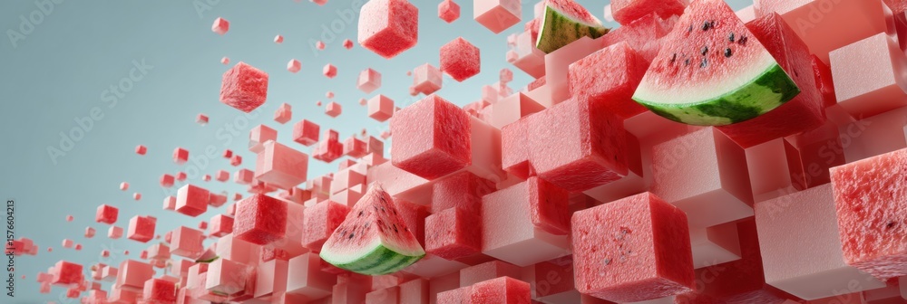 Poster 3d cubes of watermelon creating an abstract structure with open space in the upper third for artisti