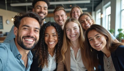 Diverse group of smiling coworkers pose for a cheerful office selfie. They share team spirit and camaraderie in casual business attire, enjoying a fun moment together at work.