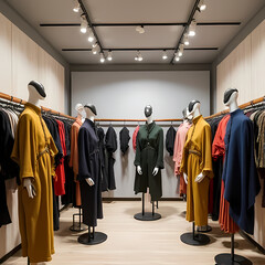 A sustainable fashion pop-up store with recycled fabric clothing, mannequins, and eco-labels