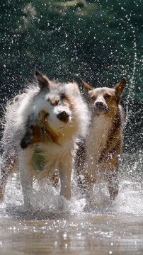 VERTICAL, SLOW MOTION, PORTRAIT: Dogs stop while running across river when an Australian Shepherd shakes off, making a torrential spray of droplets. Their priceless expressions show pure delight.
