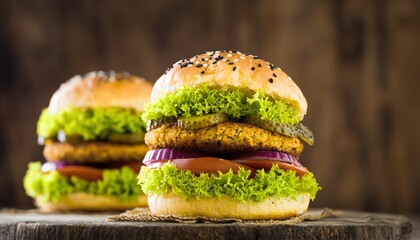 Healthy Vegetarian Burgers with Lettuce, Tomato & Onion Rings