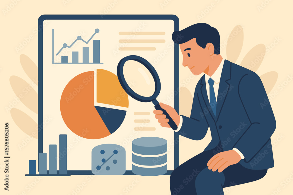Poster data analysis concept. businessman with magnifying glass analyzing financial statistics on screen. m