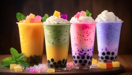 Vibrant Rainbow Boba Tea in Glass Cups with Toppings