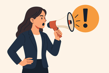 Businesswoman with a megaphone making an announcement. Concept for an important message, communication, and broadcasting a loud voice. Attention, alert, or warning sign vector.