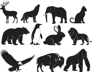Animal silhouettes vector collection, wildlife illustration set, forest and safari creatures graphic icons