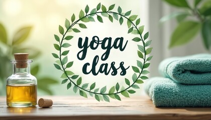 Yoga class announcement banner featuring green foliage, aromatherapy bottle. Natural elements promote relaxation, wellness. Includes stacked towels. Template for yoga studio, spa marketing,