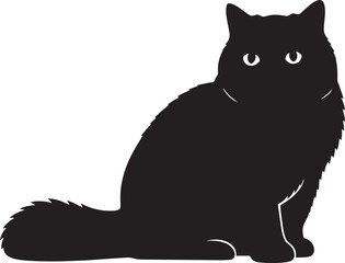 Black cat silhouette, fluffy feline vector illustration, sitting pet graphic, domestic animal icon for Halloween