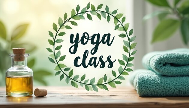 Yoga class announcement banner featuring green foliage, aromatherapy bottle. Natural elements promote relaxation, wellness. Includes stacked towels. Template for yoga studio, spa marketing,