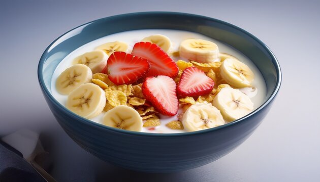 cereal flakes in a glass of milk with fresh fruit pieces such as strawberries and banana slices the soft creamy texture of the milk