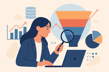 Business intelligence and data analysis for business insight. Woman with magnifier analyzes sales funnel on laptop. Database statistics, marketing technology, business growth concept.