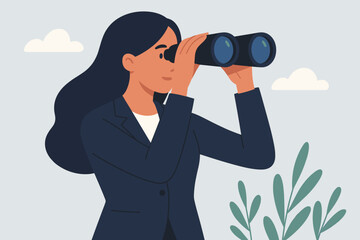 Business woman with binoculars searching for opportunity. Career vision, looking for a new job. Future success, leadership exploration. Recruitment and looking ahead concept.