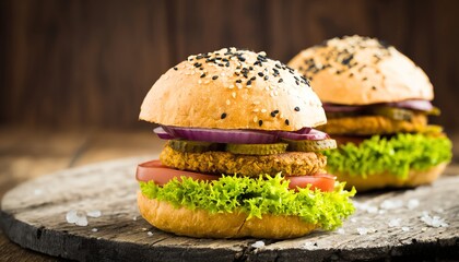 Delicious Veggie Burgers with Fresh Lettuce and Pickles