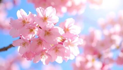 Close-up of delicate pink cherry blossoms against a bright blue sky