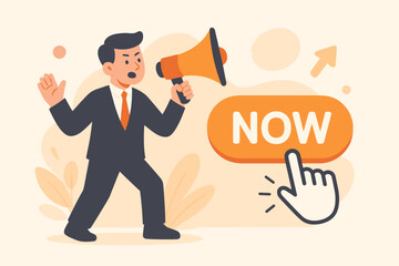 Call to action in online advertising. Businessman with megaphone shouting for attention. Motivation for user to click ads banner or sign up. Click now button concept vector.