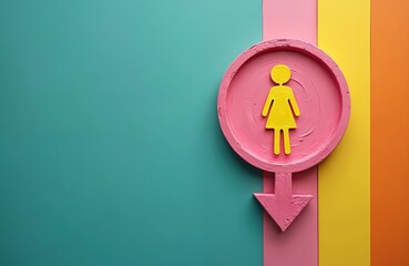 Woman in pink frame with yellow figure, surrounded by colorful gradient background with green, teal, pink stripes. Artistic illustration of female reproductive system with abstract arrow concept.