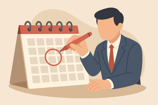 Calendar date event reminder for meeting schedule or appointment. Work deadline mark. Weekly plan, important business date concept. Businessman hand circle mark on calendar.