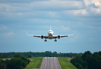  Passenger plane takes off from runway. Jet aircraft in flight, ascending from airport. Commercial airliner flying across blue sky above green forest trees. Travel concept