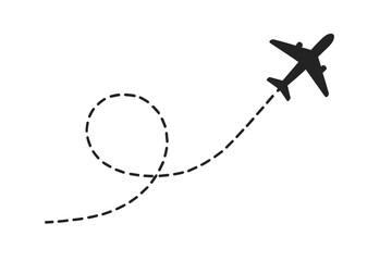 Airplane flight path with a dotted line route. Air plane travel track with a loop. Aircraft journey with dashed trace. Tourism trip concept. Airline destination symbol. Vector icon.