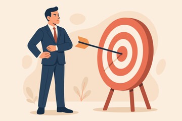 Business objective and goal concept. Confident businessman with target. Metaphor for success, purpose, and achievement. Arrow in bullseye. Mission accomplished. Marketing strategy.