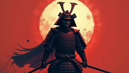 Powerful samurai warrior stands in front of a glowing moon under a dramatic red sky during a mythical battle preparation