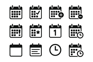 Calendar icon set. Schedule date symbol collection. Event planner sign. Time management. Reminder organizer for app, website, ui. Business appointment, deadline day vector.