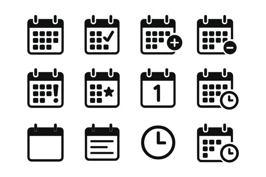 Calendar icon set. Schedule date symbol collection. Event planner sign. Time management. Reminder organizer for app, website, ui. Business appointment, deadline day vector.