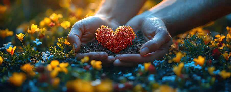 Scene of a couple's hands cupped around a heart-shaped seedling, planting it together in their garden