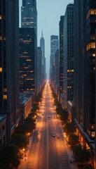 Fototapeta premium Nighttime cityscape with skyscrapers lining empty street. Illuminated buildings, streetlights cast warm glow, creating tranquil urban scene. Perspective down road highlights architectural structures,