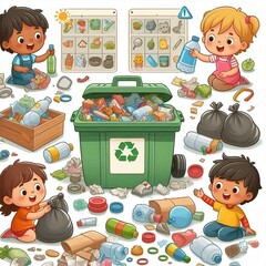 Children engaged in recycling activity at a community cleanup event in a bright classroom setting
