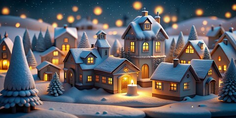 Snowy Winter Village at Night with Glowing Houses