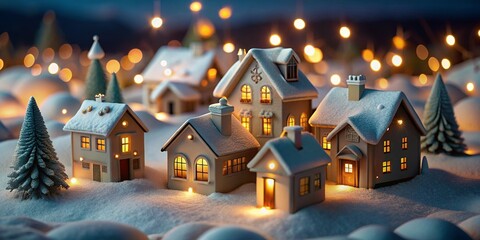 Snowy Winter Village at Night with Glowing Houses