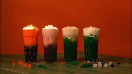 Taro, Matcha, Mango, and Strawberry Bubble Teas