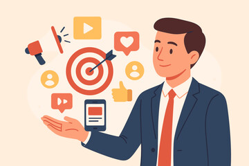 Digital marketing manager with social media icons. Online advertising and promotion campaign concept. Customer target audience, branding communication, content strategy vector.