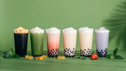 Taro, Matcha, Mango, and Strawberry Bubble Teas